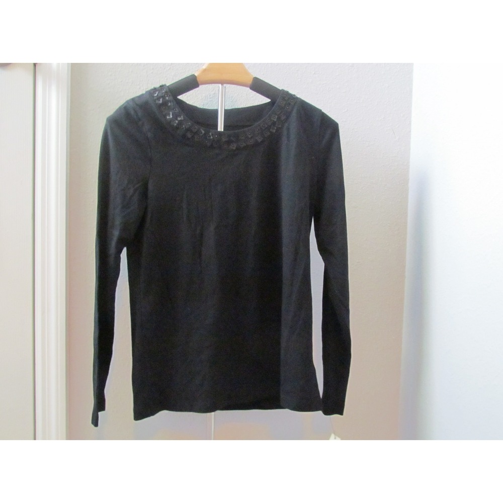 NWT Talbots Top S Black Long Sleeve Embellished Neck Cotton Modal Stretch